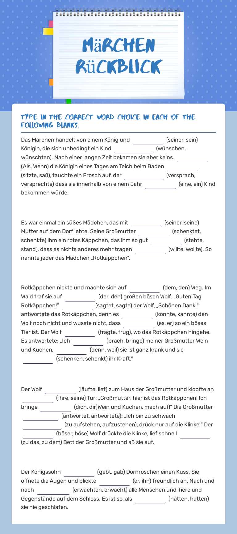 Märchen Rückblick worksheet preview image