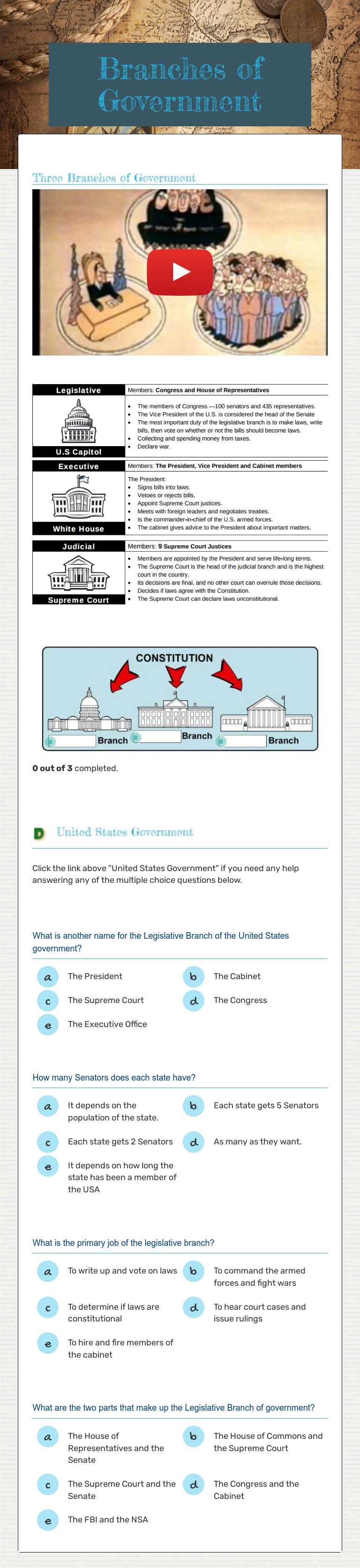 Branches of Government worksheet preview image