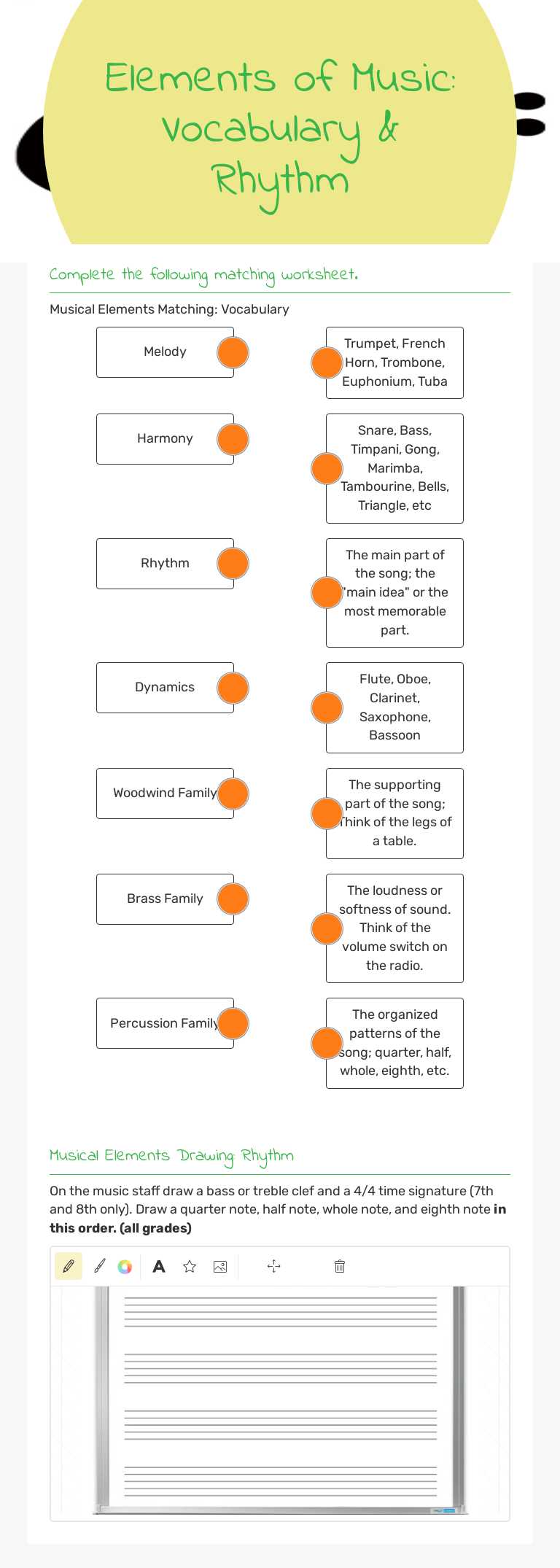 Elements of Music: Vocabulary & Rhythm worksheet preview image