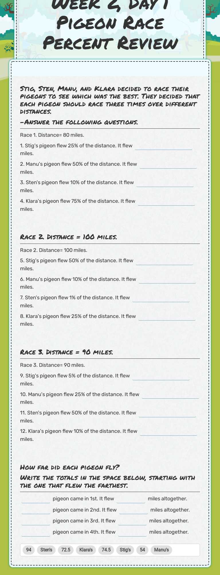 Week 2, Day 1 Pigeon Race Percent Review worksheet preview image