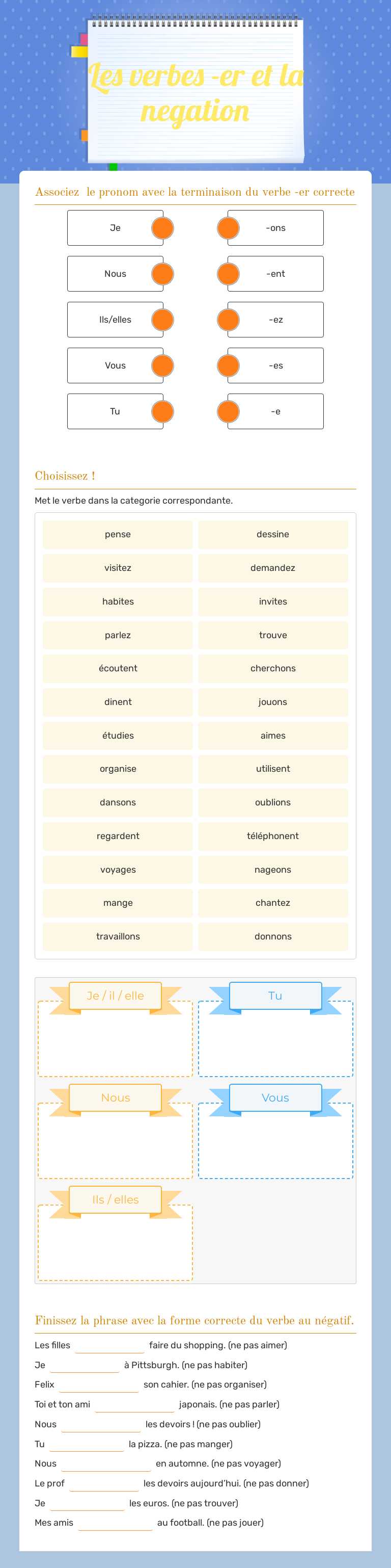 Les verbes -er et la negation worksheet preview image