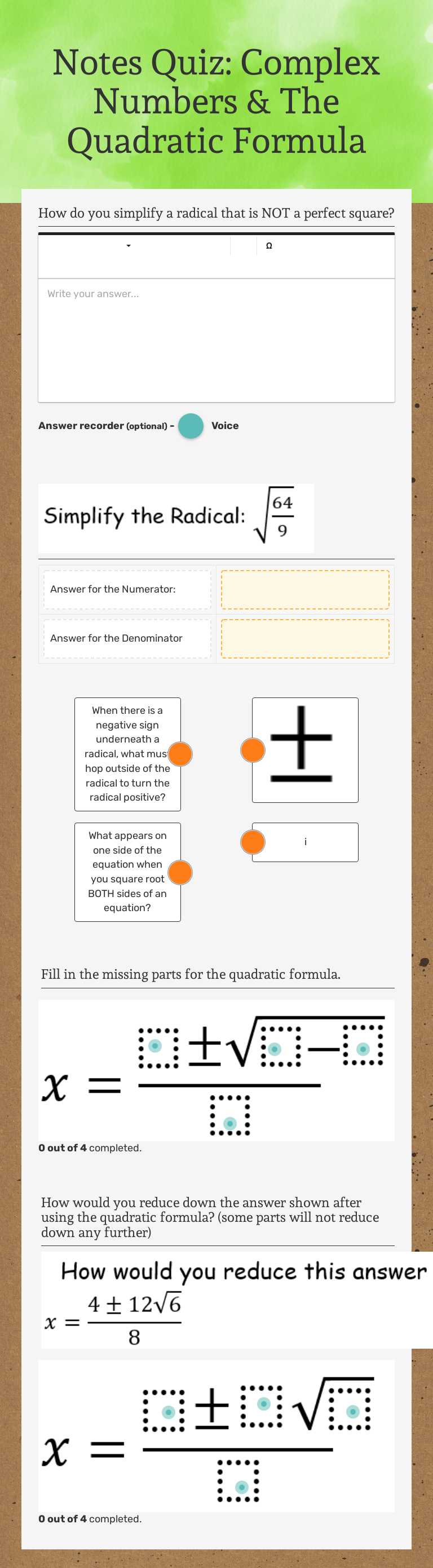 Notes Quiz: Complex Numbers & The Quadratic Formula by Cora Long ...