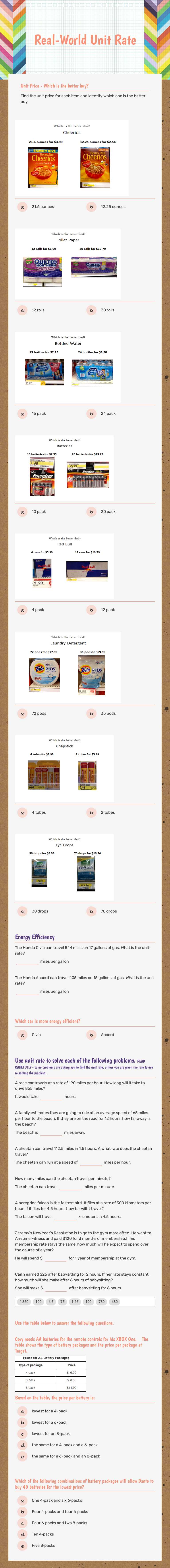Real-World Unit Rate Grade 6 worksheet preview