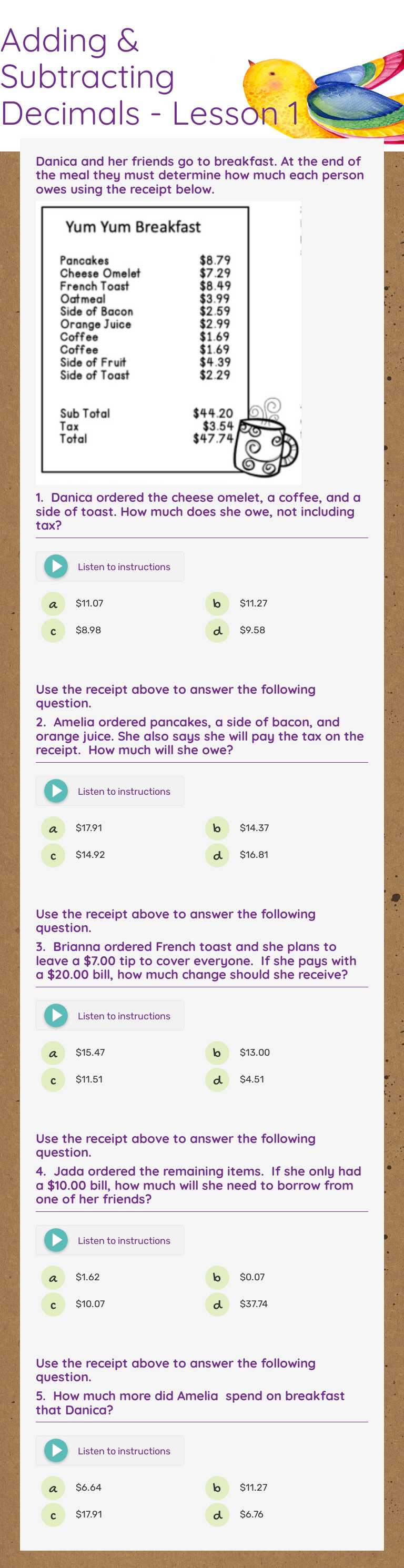Adding & Subtracting Decimals - Lesson 1 Grade 6 worksheet preview