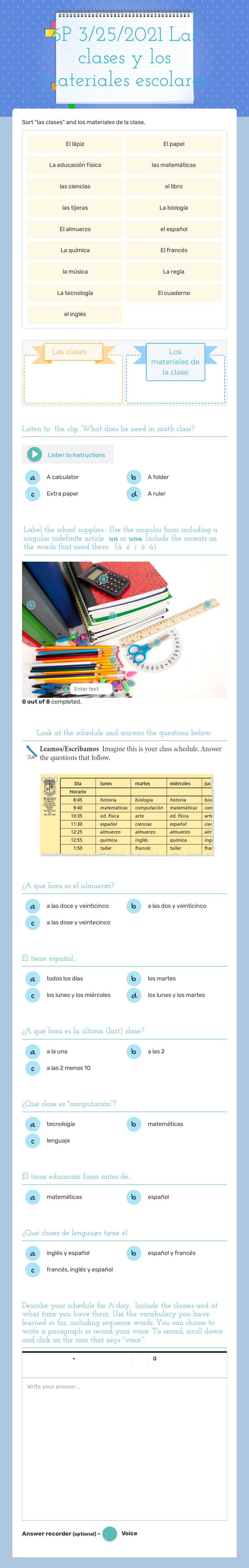 6P 3/25/2021  
 Las clases y los materiales escolares worksheet preview image
