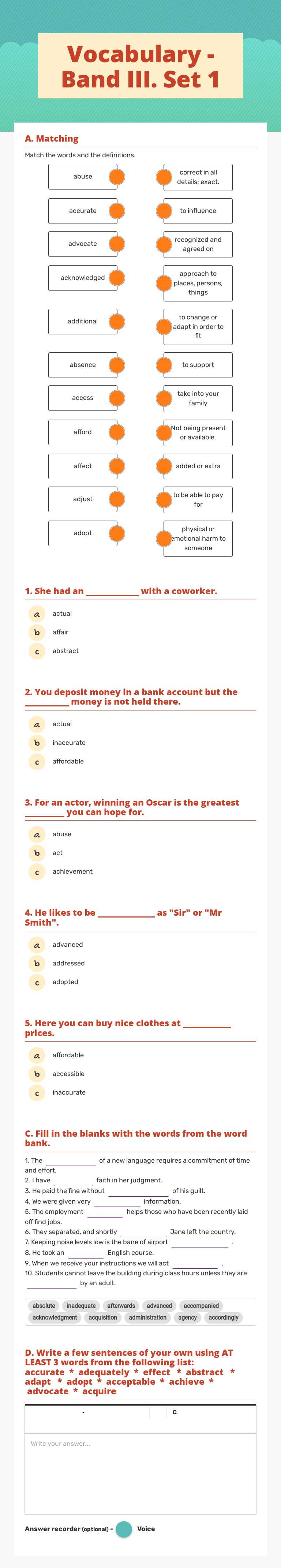 Vocabulary -
Band III. Set 1 Grade 12 worksheet preview