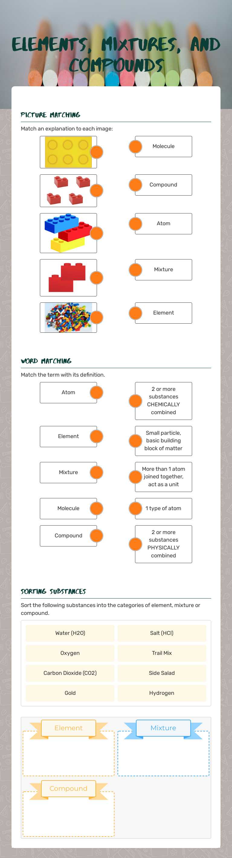 Elements, MixTures, AND COMPOUNDS Grade 6 worksheet preview