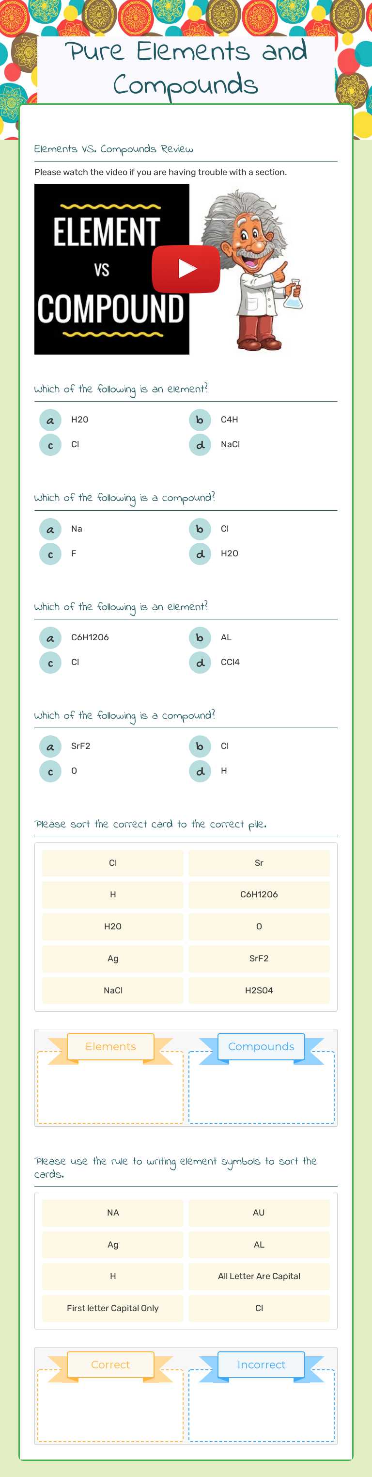 Pure Elements and Compounds Grade 6 worksheet preview