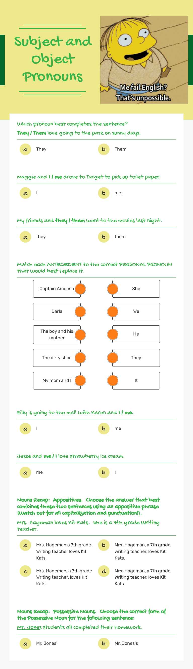 Subject and Object Pronouns Grade 7 worksheet preview
