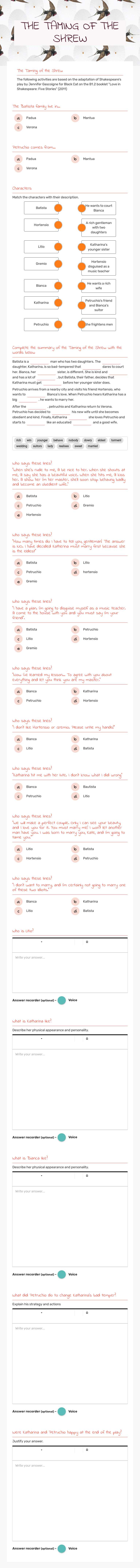 THE TAMING OF THE SHREW worksheet preview image