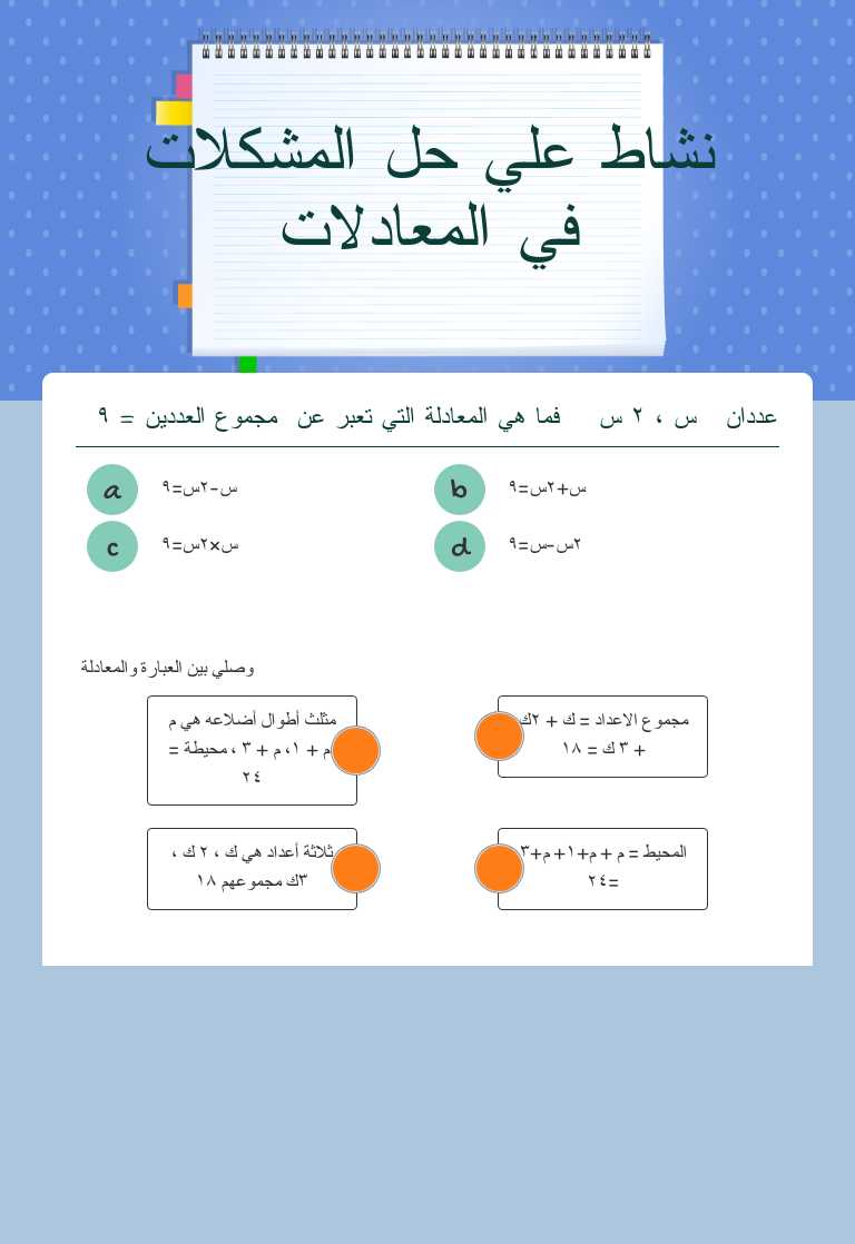 نشاط علي حل المشكلات في المعادلات worksheet preview image