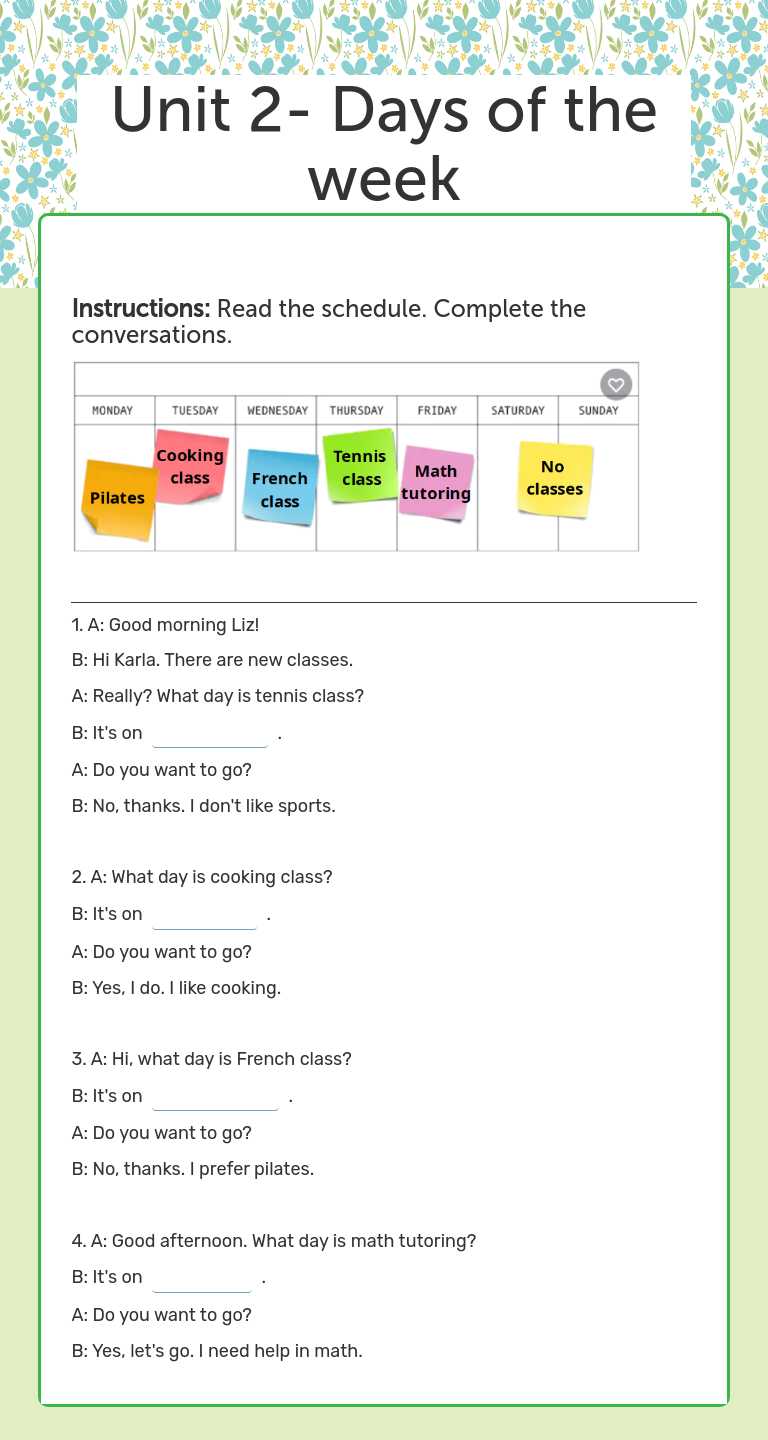 Unit 2- Days of the week worksheet preview image