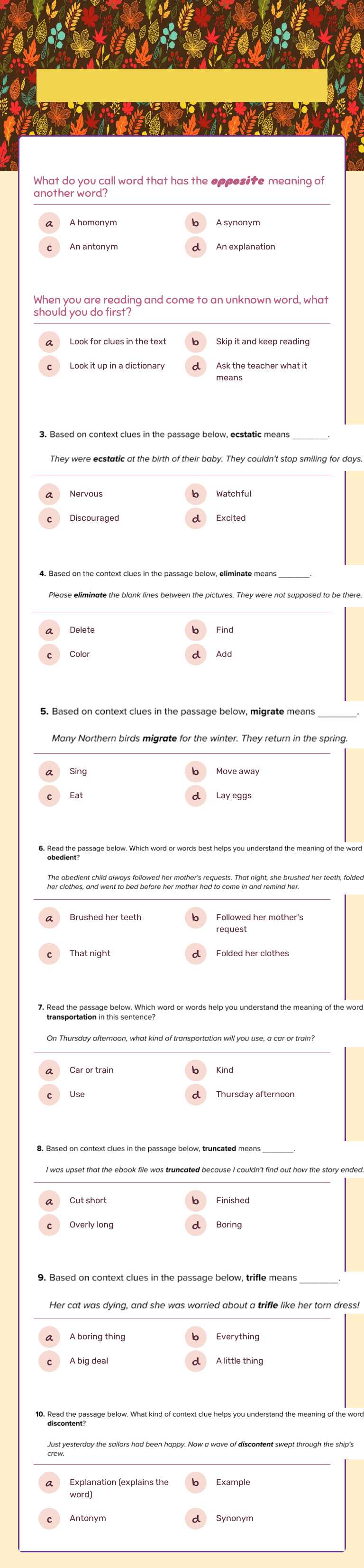 Context Clues Quiz Grade 5 worksheet preview