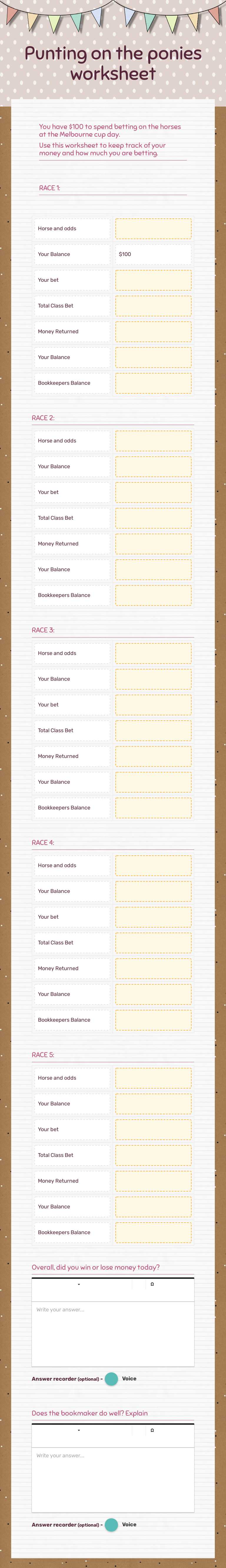 Punting on the ponies worksheet Other worksheet preview