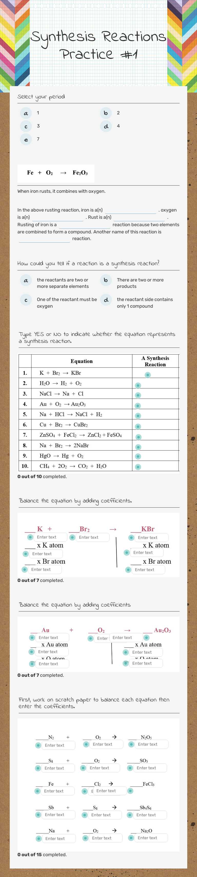 Synthesis Reactions Practice #1 worksheet preview image