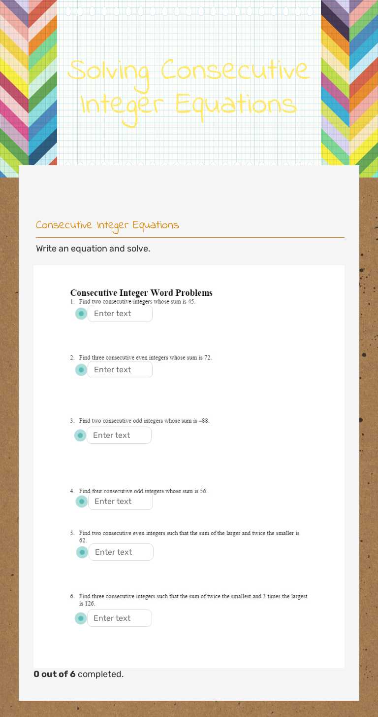 Solving Consecutive Integer Equations Grade 9 worksheet preview