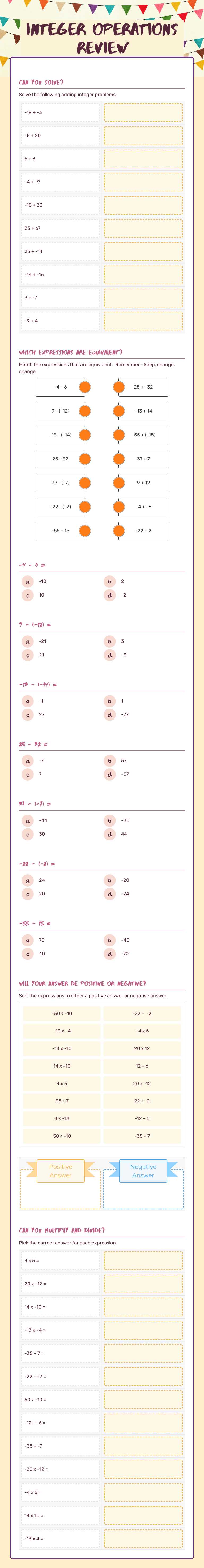 Integer Operations Review worksheet preview image