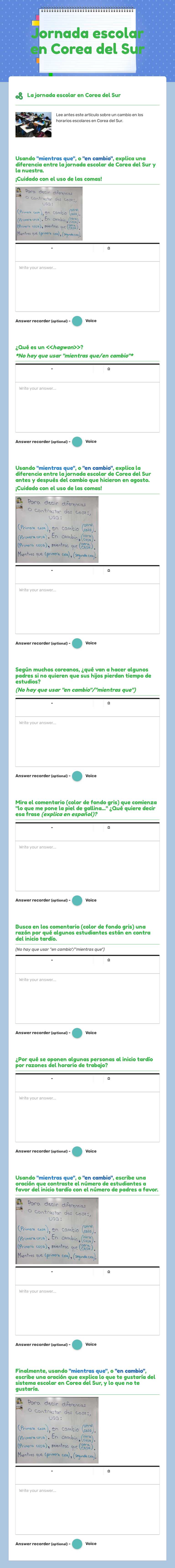 Jornada escolar en Corea del Sur Grade 10 worksheet preview