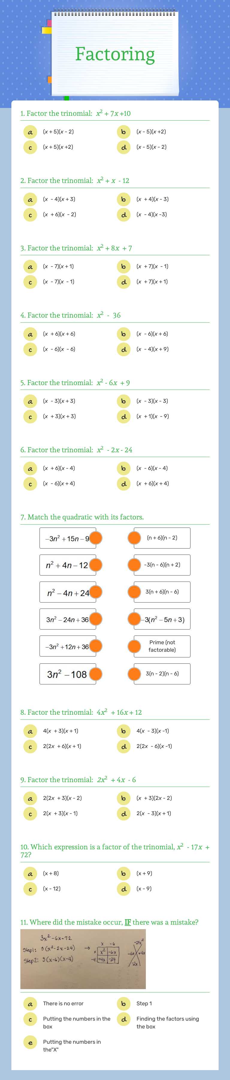 Factoring Grade 9 worksheet preview