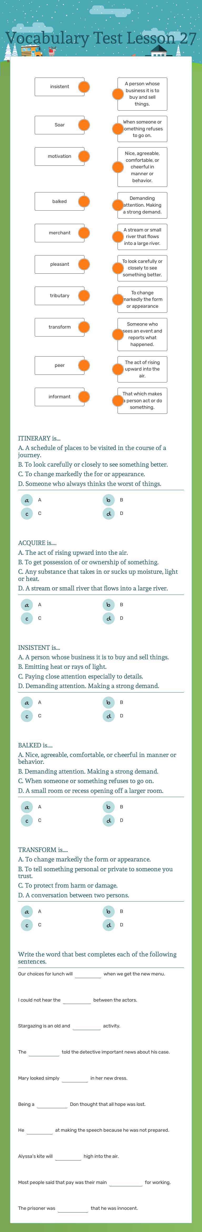 Vocabulary Test Lesson 27 worksheet preview image