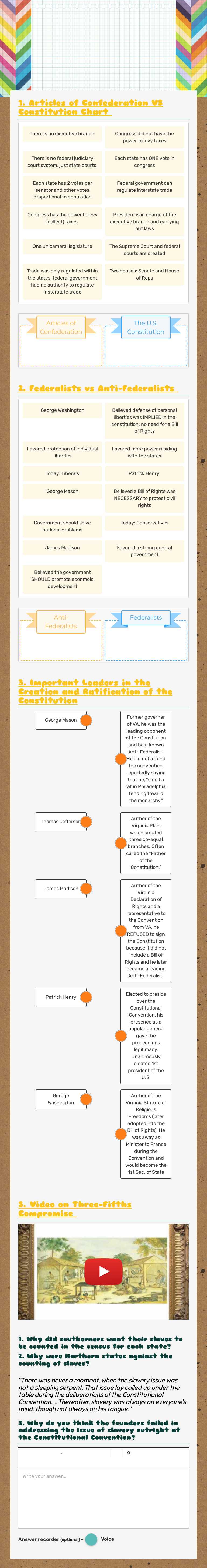 Articles of Confederation & Constitution Grade 11 worksheet preview