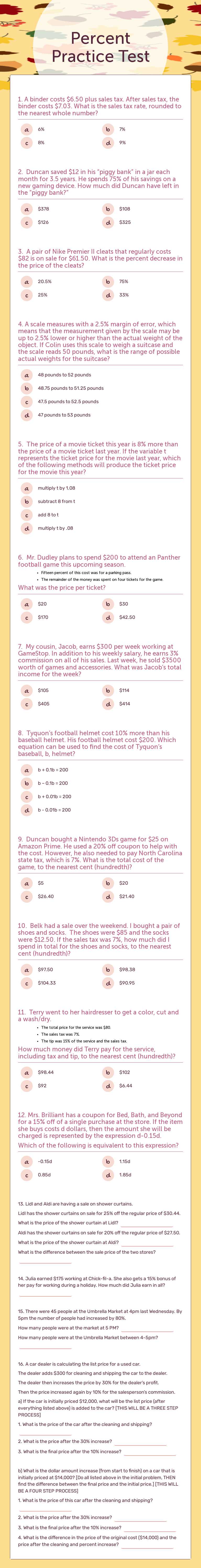 Percent Practice Test worksheet preview image