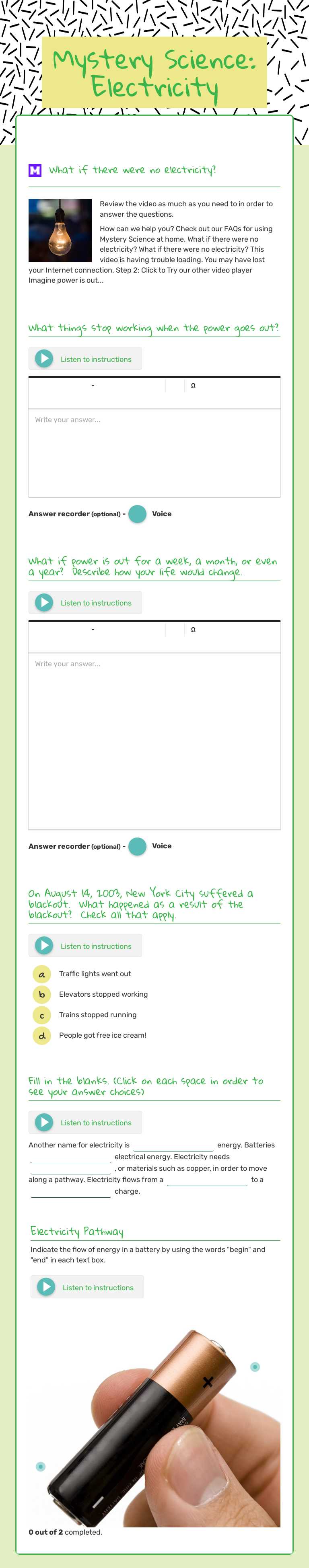 Mystery Science: Electricity worksheet preview image