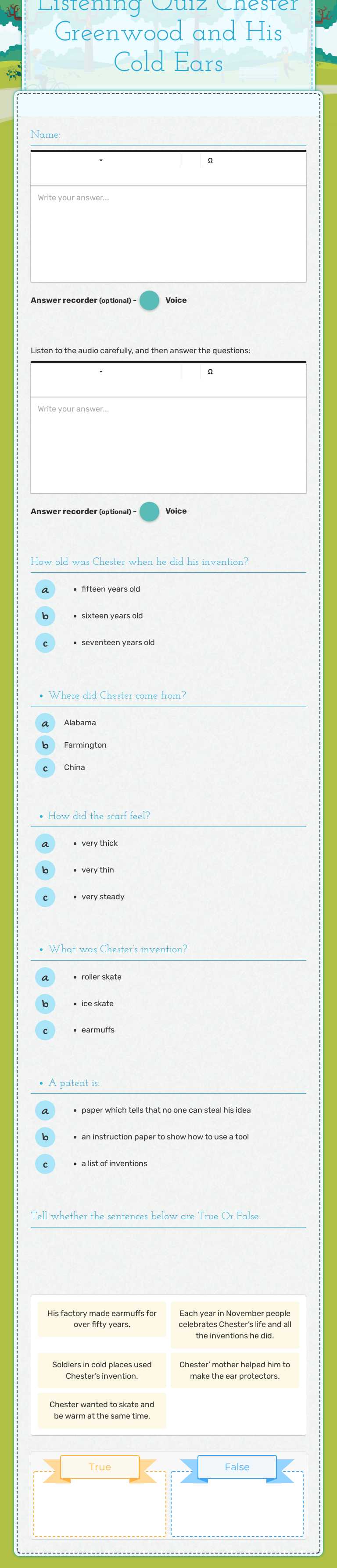 Listening Quiz      Chester Greenwood and His Cold Ears worksheet preview