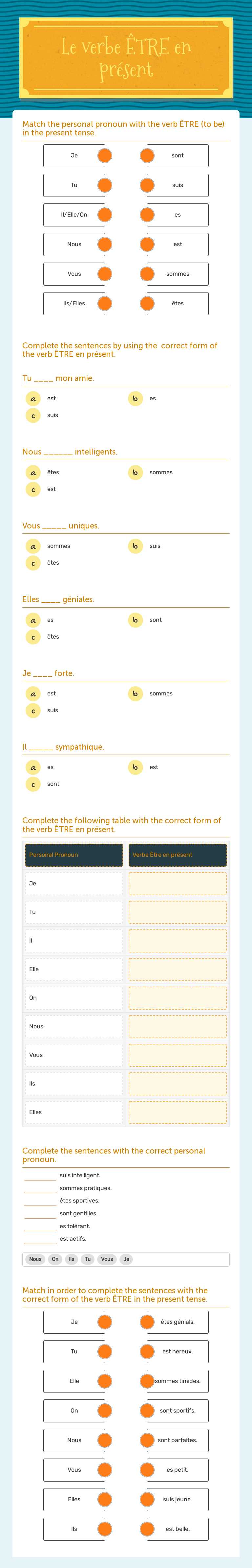 Le verbe ÊTRE en présent worksheet preview image