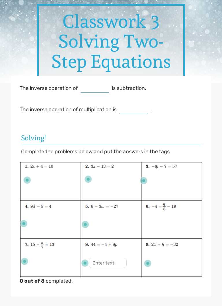 Classwork 3 Solving Two-Step Equations worksheet preview image