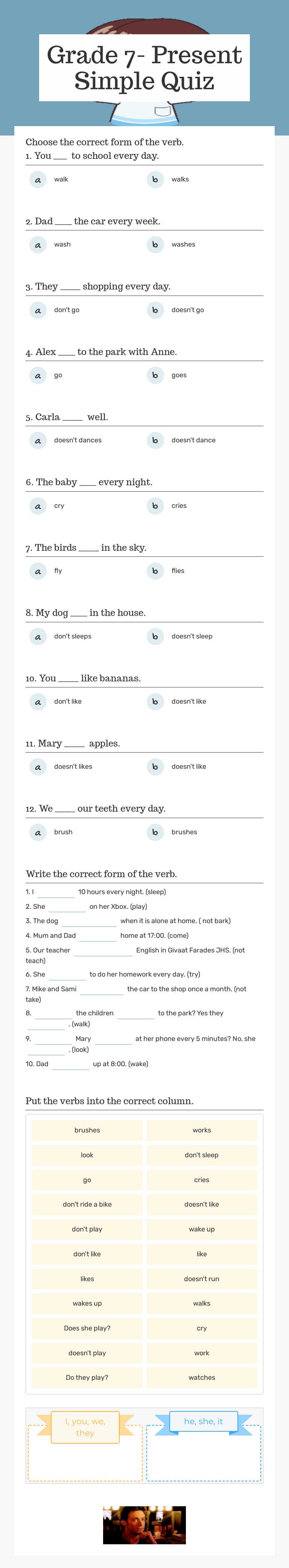 Grade 7- Present Simple Quiz worksheet preview image