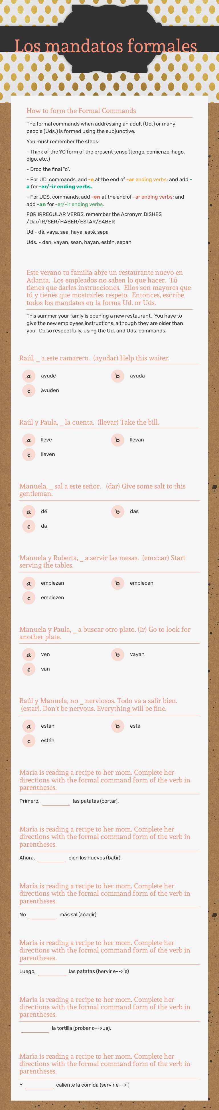 Los mandatos formales Grade 10 worksheet preview