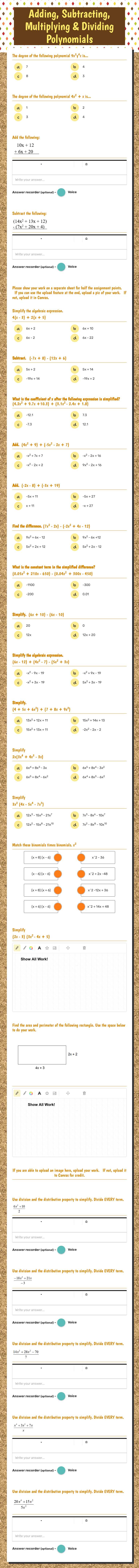 Adding, Subtracting,      Multiplying & Dividing Polynomials worksheet preview image