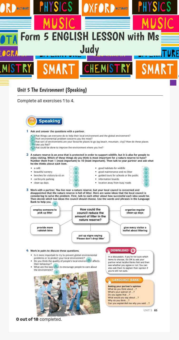 Form 5 ENGLISH LESSON with Ms Judy worksheet preview image