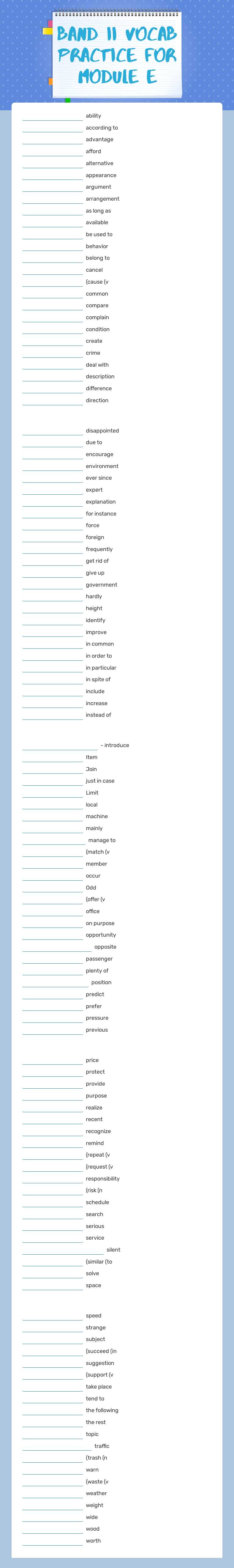 BAND II vocab practice for Module E worksheet preview image