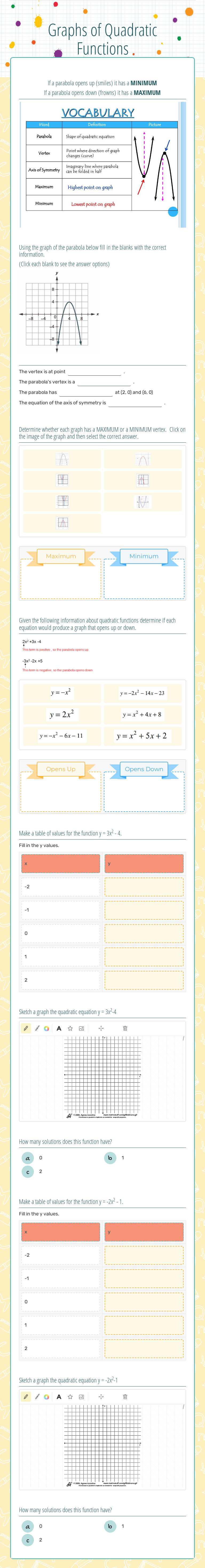 Graphs of Quadratic Functions worksheet preview image