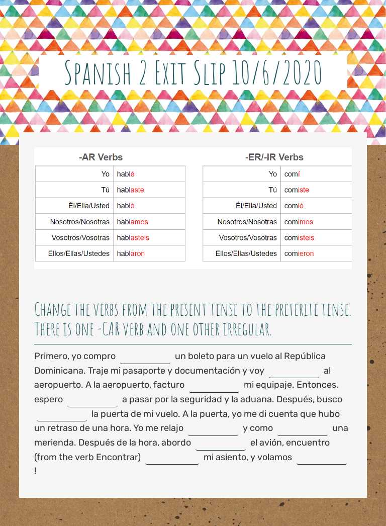 Spanish 2 Exit Slip 10/6/2020 worksheet preview image