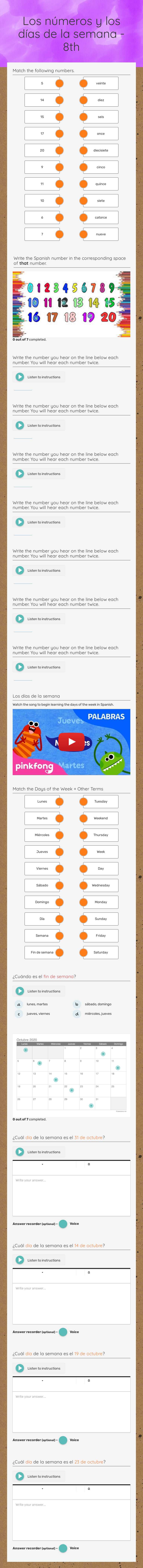 Los números y los días de la semana - 8th Grade 6 worksheet preview