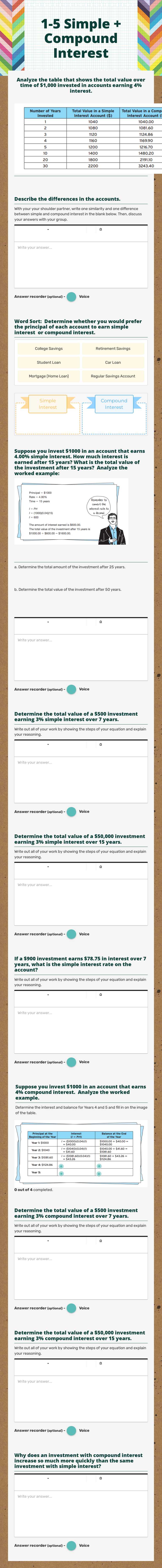 1-5 Simple + Compound Interest worksheet preview image