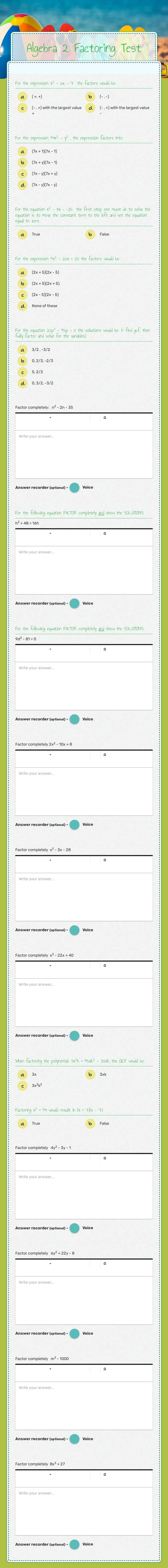 Algebra 2 Factoring Test worksheet preview image