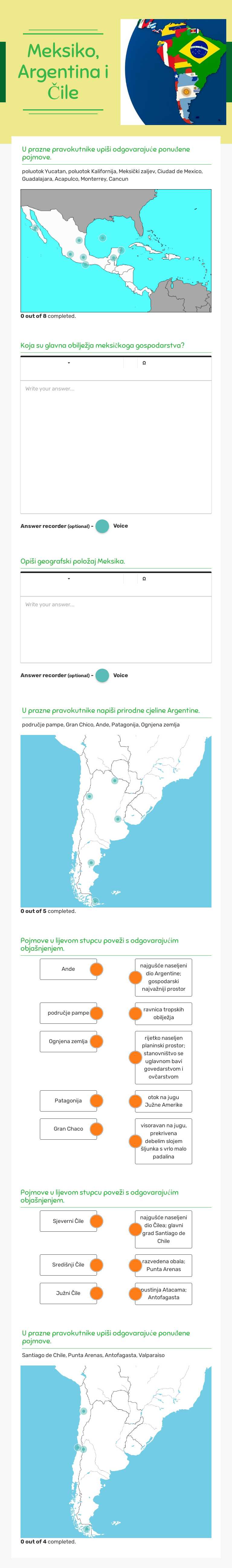 Meksiko, Argentina i Čile Grade 6 worksheet preview