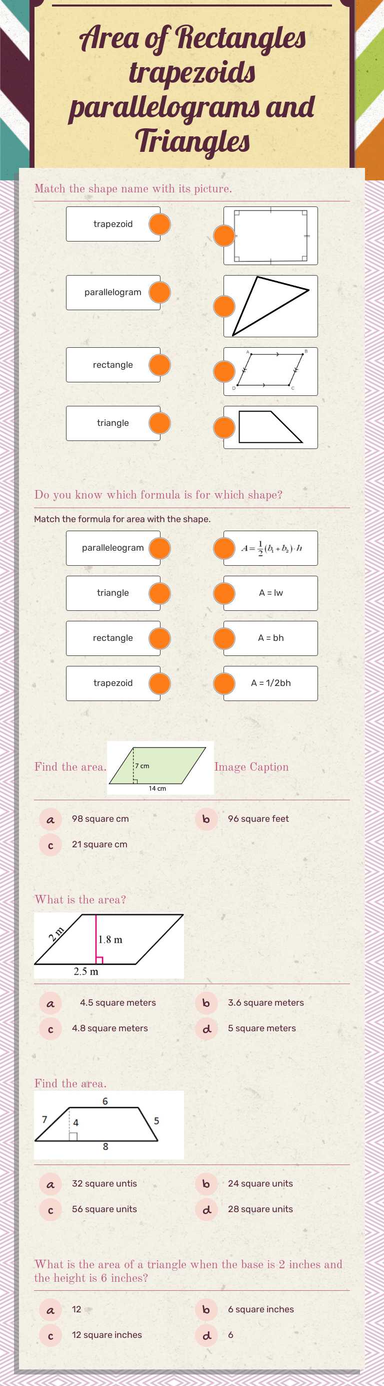 Area of Rectangles trapezoids parallelograms and Triangles worksheet preview image