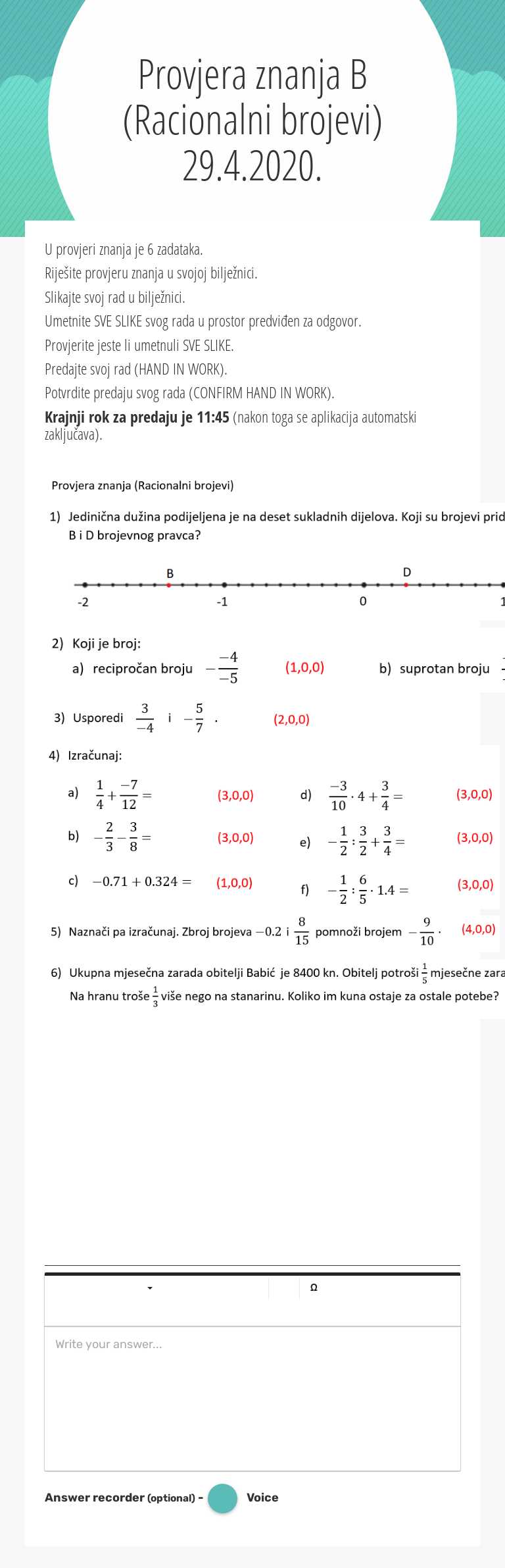 Provjera znanja B (Racionalni brojevi) 29.4.2020. Grade 6 worksheet preview