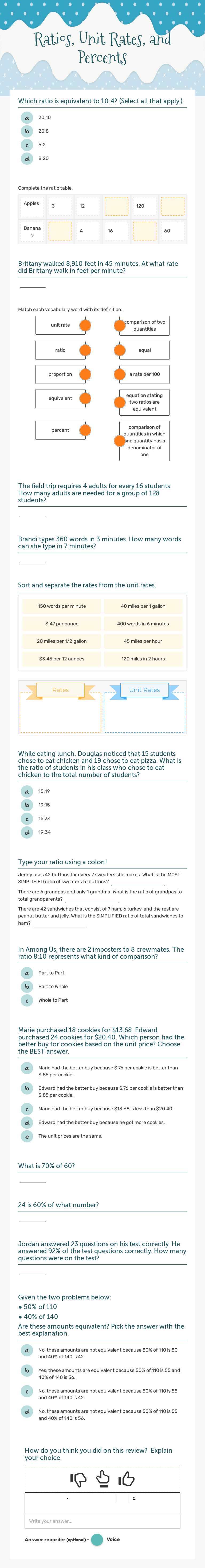 Ratios, Unit Rates,  and Percents worksheet preview image