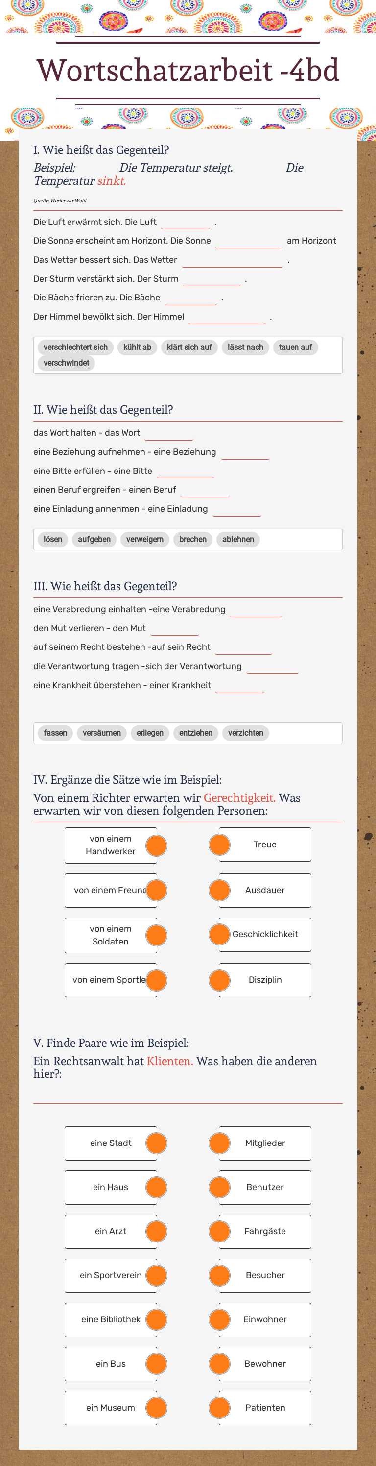 Wortschatzarbeit -4bd Grade 12 worksheet preview