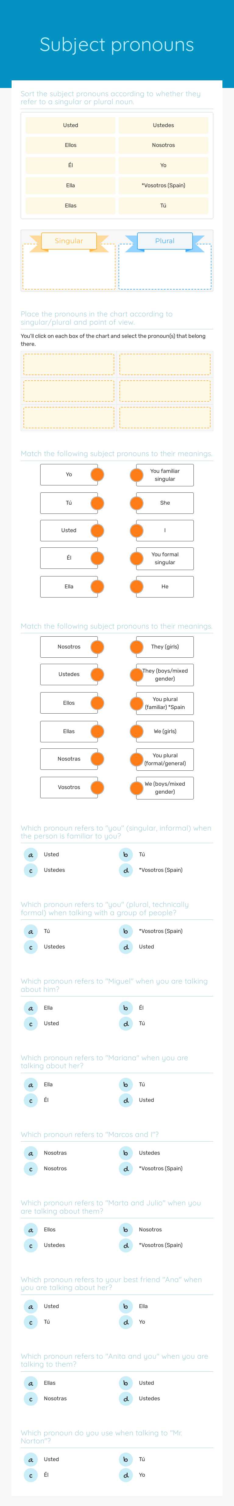 Subject pronouns worksheet preview image