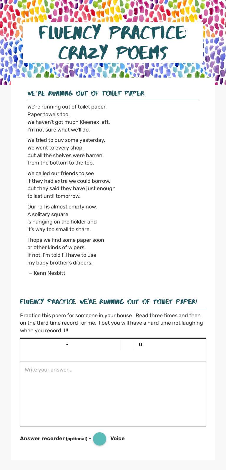 Fluency practice: CRAZY POEMS Grade 4 worksheet preview