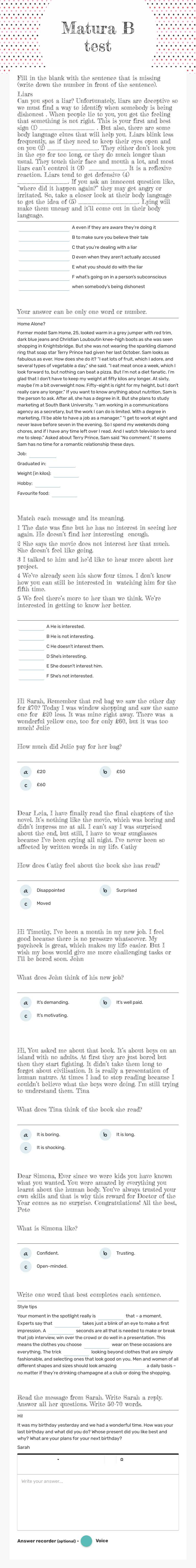 Matura B test worksheet preview image