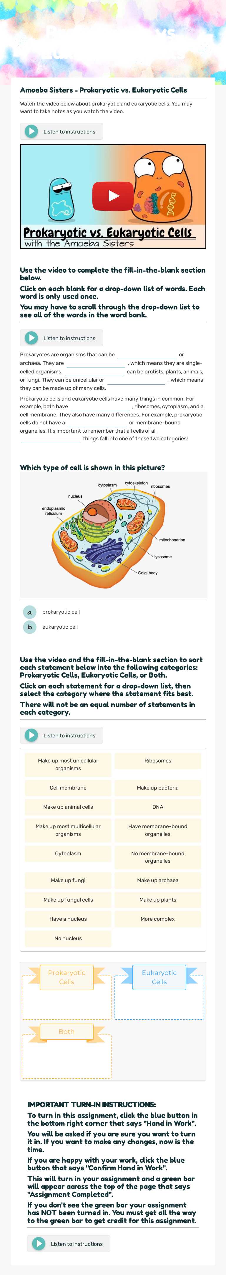 Prokaryotic vs. Eukaryotic Cells worksheet preview image