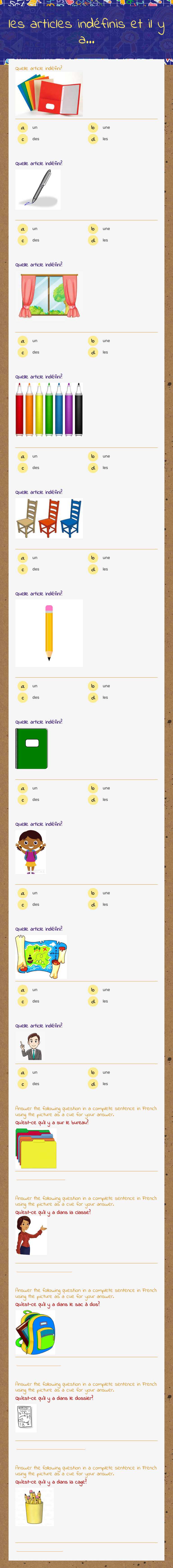 les articles indéfinis
et
il y a... Grade 5 worksheet preview